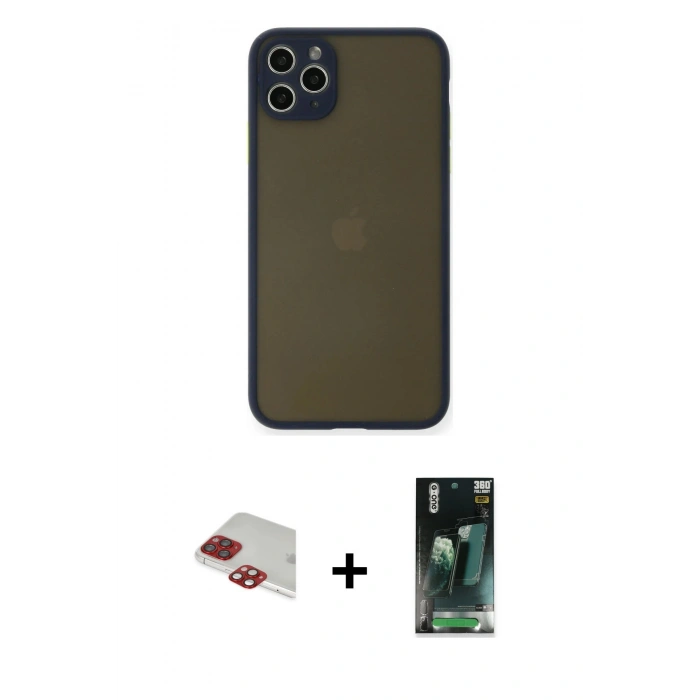 MARSİLYAN™- iPhone 11 Pro Max Kılıf Ahenk Çizgi Serisi - Şeffaf 360 Full Body Arka Koruyucu + Pers Alüminyum Kamera Lens - KI