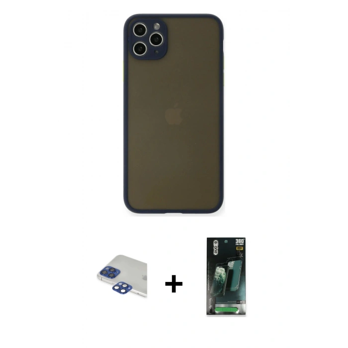 MARSİLYAN™- iPhone 11 Pro Max Kılıf Ahenk Çizgi Serisi - Şeffaf 360 Full Body Arka Koruyucu + Pers Alüminyum Kamera Lens - LT