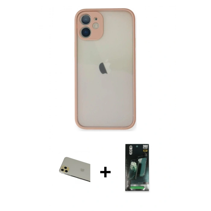 MARSİLYAN™- iPhone 11 Pro Max Kılıf Ahenk Çizgi Serisi - Şeffaf 360 Full Body Arka Koruyucu + Rainbow Kamera Lens Koruma Cam - GD