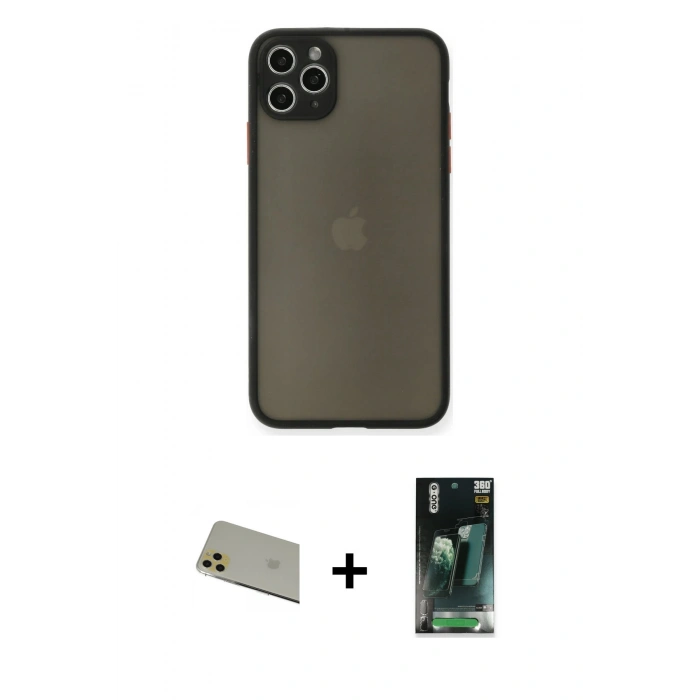 MARSİLYAN™- iPhone 11 Pro Max Kılıf Ahenk Çizgi Serisi - Şeffaf 360 Full Body Arka Koruyucu + Rainbow Kamera Lens Koruma Cam - GD