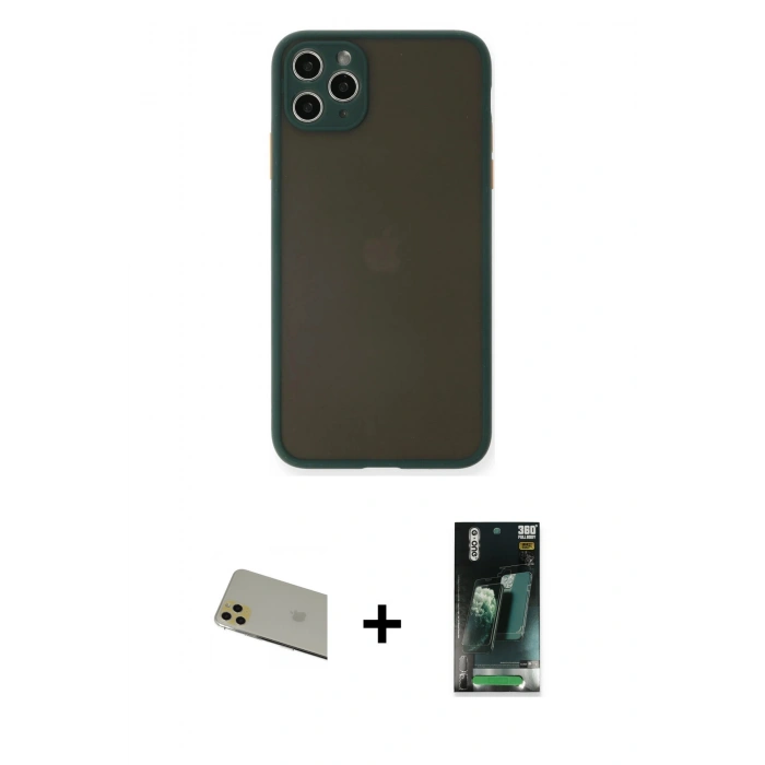 MARSİLYAN™- iPhone 11 Pro Max Kılıf Ahenk Çizgi Serisi - Şeffaf 360 Full Body Arka Koruyucu + Rainbow Kamera Lens Koruma Cam - GD