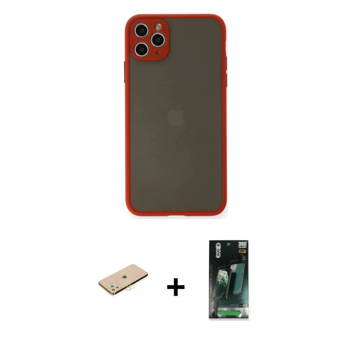 MARSİLYAN™- iPhone 11 Pro Max Kılıf Ahenk Çizgi Serisi - Şeffaf 360 Full Body Arka Koruyucu + Renkli Kamera Lens Koruma Cam - SI