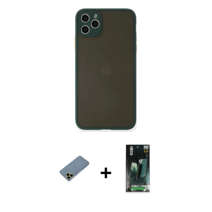 MARSİLYAN™- iPhone 11 Pro Max Kılıf Ahenk Çizgi Serisi - Şeffaf 360 Full Body Arka Koruyucu + Shine Kamera Lens Koruma Cam - GD