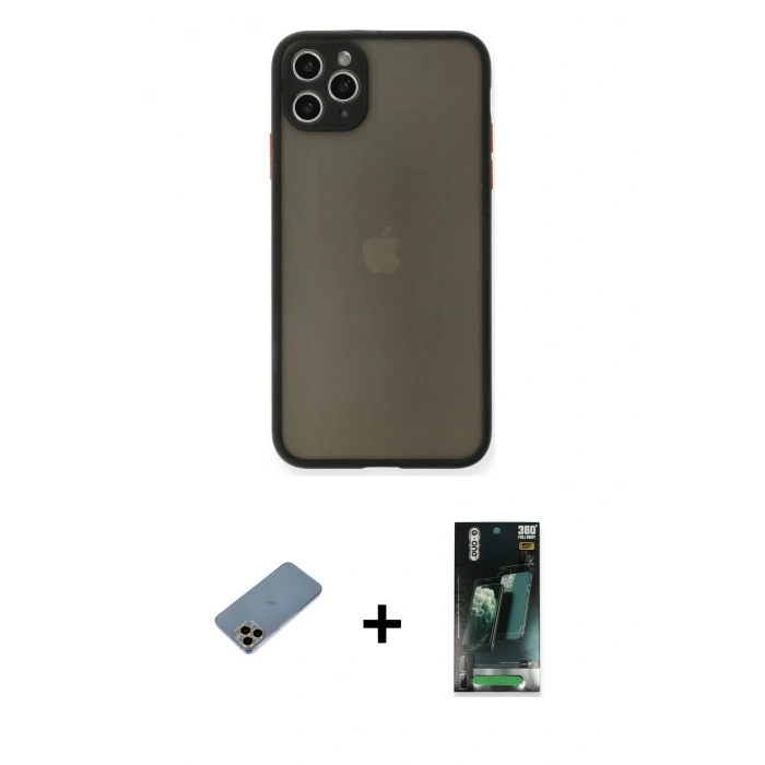 MARSİLYAN™- iPhone 11 Pro Max Kılıf Ahenk Çizgi Serisi - Şeffaf 360 Full Body Arka Koruyucu + Shine Kamera Lens Koruma Cam - GD