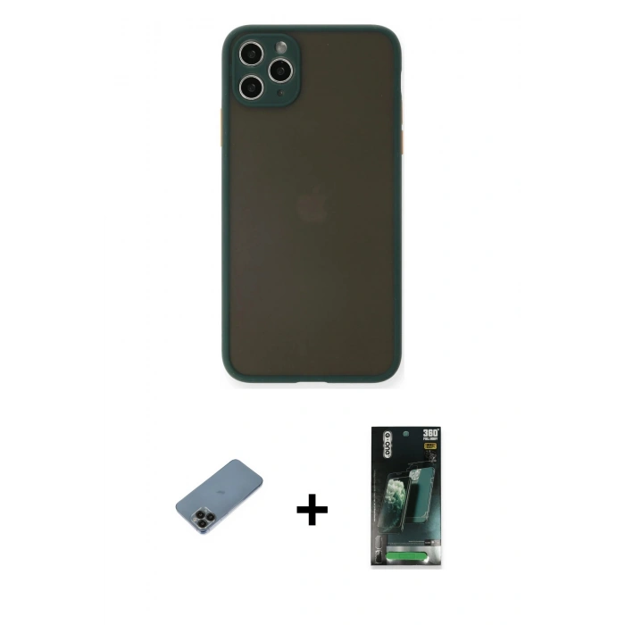 MARSİLYAN™- iPhone 11 Pro Max Kılıf Ahenk Çizgi Serisi - Şeffaf 360 Full Body Arka Koruyucu + Siyah Shine Kamera Lens Koruma Cam