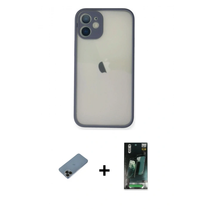 MARSİLYAN™- iPhone 11 Pro Max Kılıf Ahenk Çizgi Serisi - Şeffaf 360 Full Body Arka Koruyucu + Siyah Shine Kamera Lens Koruma Cam