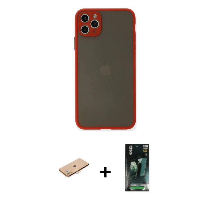 MARSİLYAN™- iPhone 11 Pro Max Kılıf Ahenk Çizgi Serisi - Şeffaf 360 Full Body Arka Koruyucu + Turuncu Renkli Kamera Lens Koruma Cam