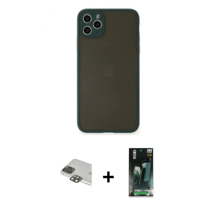 MARSİLYAN™- iPhone 11 Pro Max Kılıf Ahenk Çizgi Serisi - Şeffaf 360 Full Body Arka Koruyucu + Pers Alüminyum Kamera Lens - YL