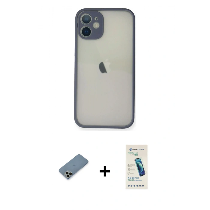 MARSİLYAN™- iPhone 11 Pro Max Kılıf Ahenk Çizgi Serisi - Şeffaf Pasifik Cam Ekran Koruyucu + Metal Kamera Lens Koruma Cam - AKYL