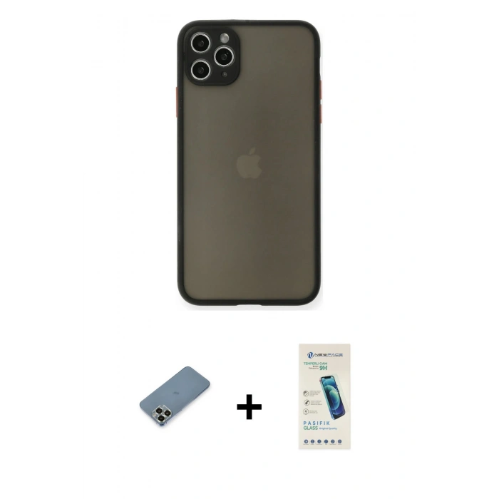 MARSİLYAN™- iPhone 11 Pro Max Kılıf Ahenk Çizgi Serisi - Şeffaf Pasifik Cam Ekran Koruyucu + Metal Kamera Lens Koruma Cam - AKYL