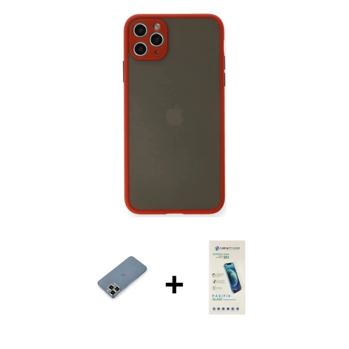 MARSİLYAN™- iPhone 11 Pro Max Kılıf Ahenk Çizgi Serisi - Şeffaf Pasifik Cam Ekran Koruyucu + Metal Kamera Lens Koruma Cam - AKYL