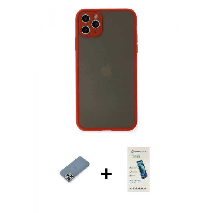 MARSİLYAN™- iPhone 11 Pro Max Kılıf Ahenk Çizgi Serisi - Şeffaf Pasifik Cam Ekran Koruyucu + Metal Kamera Lens Koruma Cam - GD