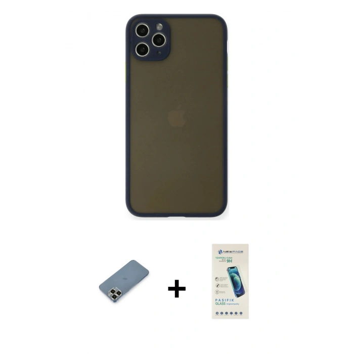 MARSİLYAN™- iPhone 11 Pro Max Kılıf Ahenk Çizgi Serisi - Şeffaf Pasifik Cam Ekran Koruyucu + Metal Kamera Lens Koruma Cam - GD
