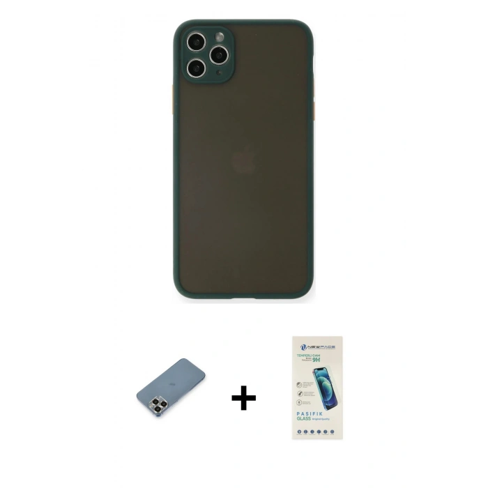 MARSİLYAN™- iPhone 11 Pro Max Kılıf Ahenk Çizgi Serisi - Şeffaf Pasifik Cam Ekran Koruyucu + Metal Kamera Lens Koruma Cam - GD