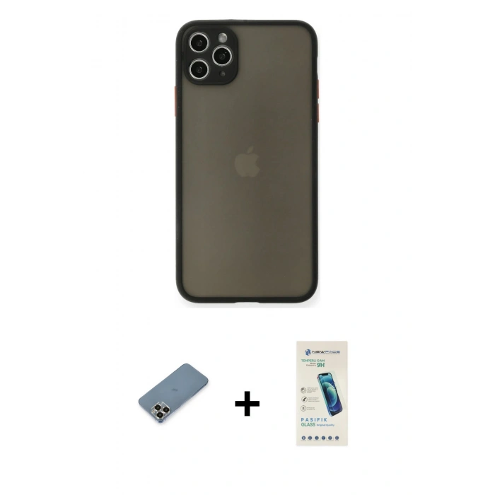 MARSİLYAN™- iPhone 11 Pro Max Kılıf Ahenk Çizgi Serisi - Şeffaf Pasifik Cam Ekran Koruyucu + Metal Kamera Lens Koruma Cam - GD