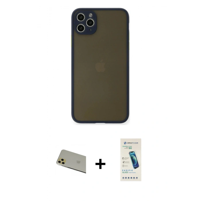 MARSİLYAN™- iPhone 11 Pro Max Kılıf Ahenk Çizgi Serisi - Şeffaf Pasifik Cam Ekran Koruyucu + Gold Rainbow Kamera Lens Koruma Cam