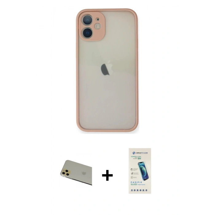 MARSİLYAN™- iPhone 11 Pro Max Kılıf Ahenk Çizgi Serisi - Şeffaf Pasifik Cam Ekran Koruyucu + Gold Rainbow Kamera Lens Koruma Cam