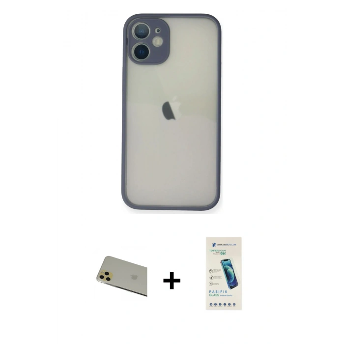 MARSİLYAN™- iPhone 11 Pro Max Kılıf Ahenk Çizgi Serisi - Şeffaf Pasifik Cam Ekran Koruyucu + Gold Rainbow Kamera Lens Koruma Cam