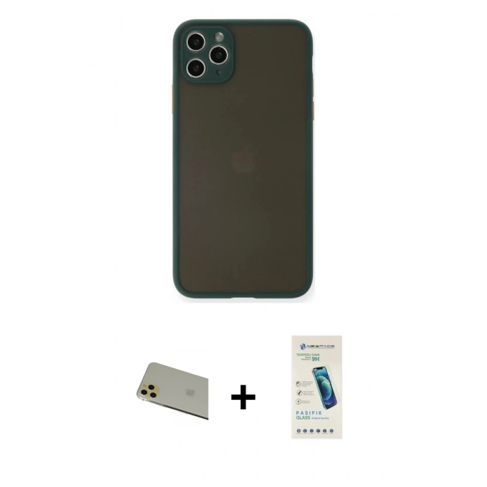 MARSİLYAN™- iPhone 11 Pro Max Kılıf Ahenk Çizgi Serisi - Şeffaf Pasifik Cam Ekran Koruyucu + Gold Rainbow Kamera Lens Koruma Cam