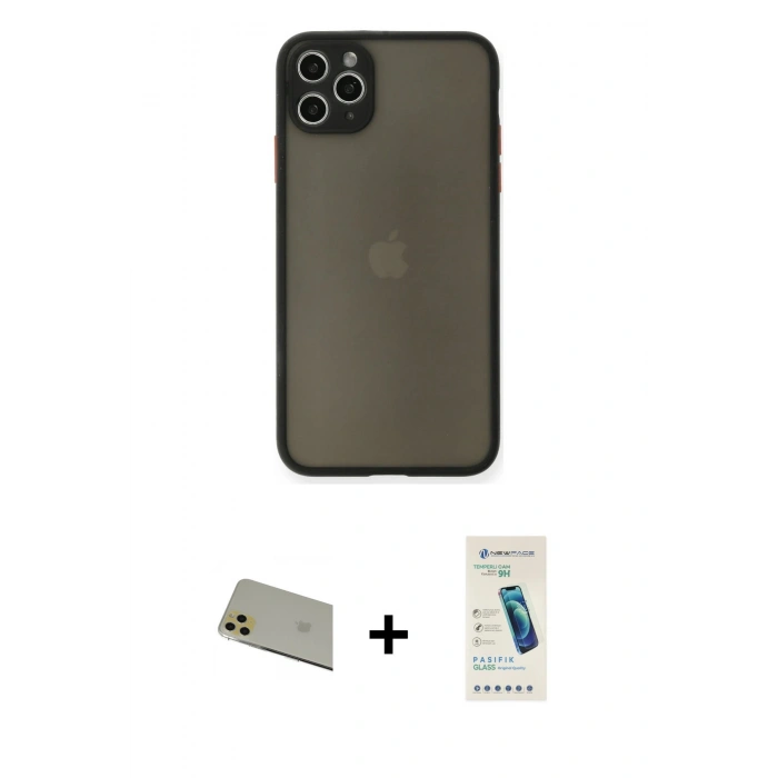 MARSİLYAN™- iPhone 11 Pro Max Kılıf Ahenk Çizgi Serisi - Şeffaf Pasifik Cam Ekran Koruyucu + Gold Rainbow Kamera Lens Koruma Cam