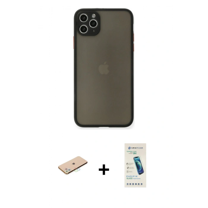 MARSİLYAN™- iPhone 11 Pro Max Kılıf Ahenk Çizgi Serisi - Şeffaf Pasifik Cam Ekran Koruyucu + Renkli Kamera Lens Koruma Cam - MI