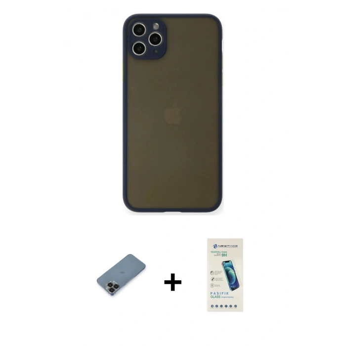 MARSİLYAN™- iPhone 11 Pro Max Kılıf Ahenk Çizgi Serisi - Şeffaf Pasifik Cam Ekran Koruyucu + Metal Kamera Lens Koruma Cam - SH