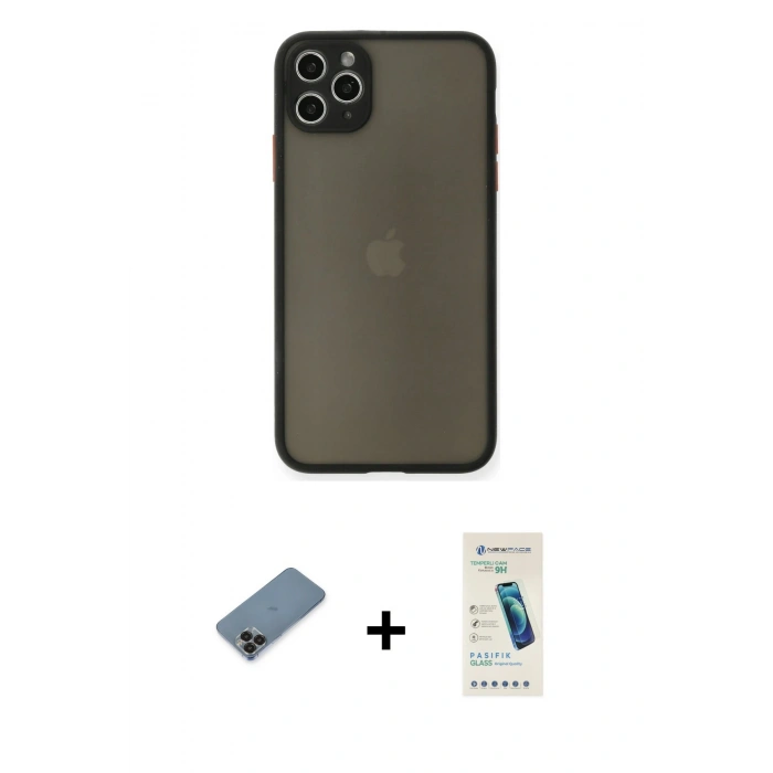 MARSİLYAN™- iPhone 11 Pro Max Kılıf Ahenk Çizgi Serisi - Şeffaf Pasifik Cam Ekran Koruyucu + Metal Kamera Lens Koruma Cam - SH