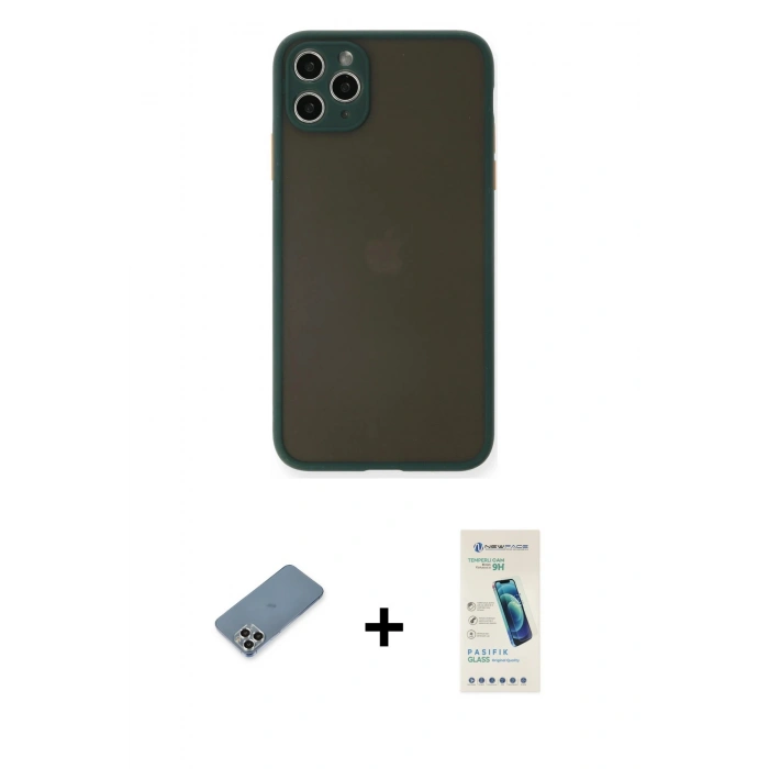 MARSİLYAN™- iPhone 11 Pro Max Kılıf Ahenk Çizgi Serisi - Şeffaf Pasifik Cam Ekran Koruyucu + Metal Kamera Lens Koruma Cam - GS