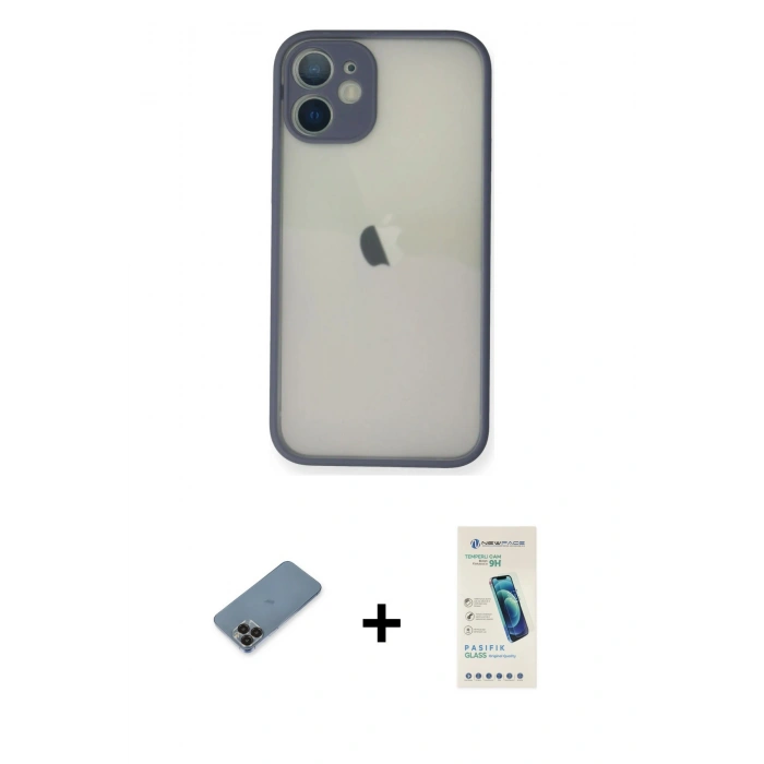 MARSİLYAN™- iPhone 11 Pro Max Kılıf Ahenk Çizgi Serisi - Şeffaf Pasifik Cam Ekran Koruyucu + Metal Kamera Lens Koruma Cam - SH