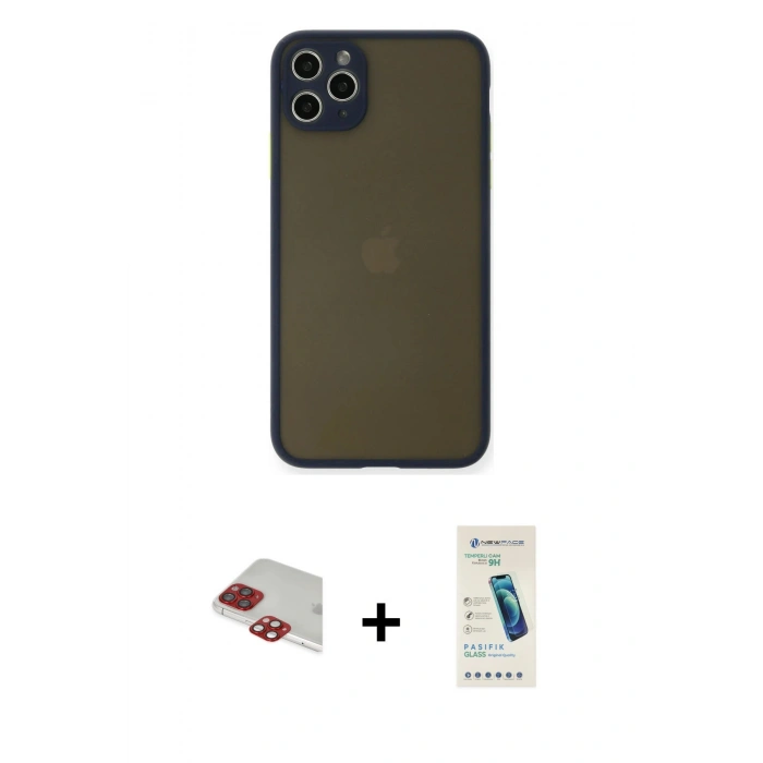 MARSİLYAN™- iPhone 11 Pro Max Kılıf Ahenk Çizgi Serisi - Şeffaf Pasifik Cam Ekran Koruyucu + Pers Alüminyum Kamera Lens - KI