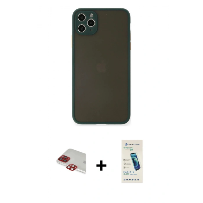 MARSİLYAN™- iPhone 11 Pro Max Kılıf Ahenk Çizgi Serisi - Şeffaf Pasifik Cam Ekran Koruyucu + Pers Alüminyum Kamera Lens - KI