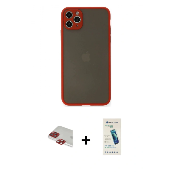 MARSİLYAN™- iPhone 11 Pro Max Kılıf Ahenk Çizgi Serisi - Şeffaf Pasifik Cam Ekran Koruyucu + Pers Alüminyum Kamera Lens - KI