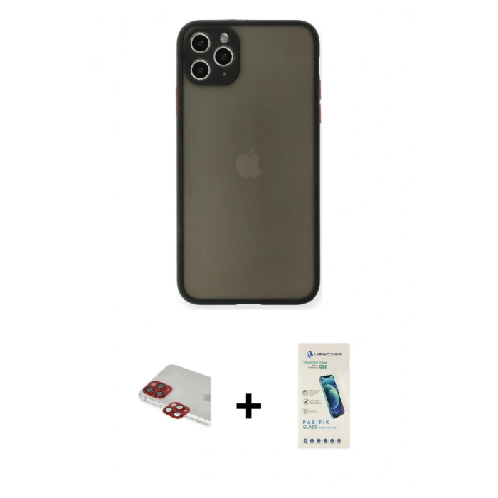MARSİLYAN™- iPhone 11 Pro Max Kılıf Ahenk Çizgi Serisi - Şeffaf Pasifik Cam Ekran Koruyucu + Pers Alüminyum Kamera Lens - KI