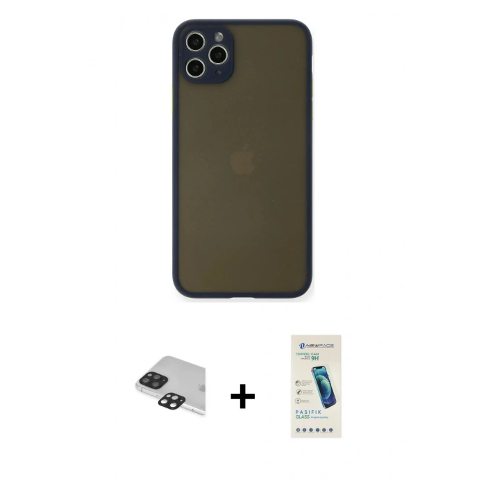 MARSİLYAN™- iPhone 11 Pro Max Kılıf Ahenk Çizgi Serisi - Şeffaf Pasifik Cam Ekran Koruyucu + Pers Alüminyum Kamera Lens - SH