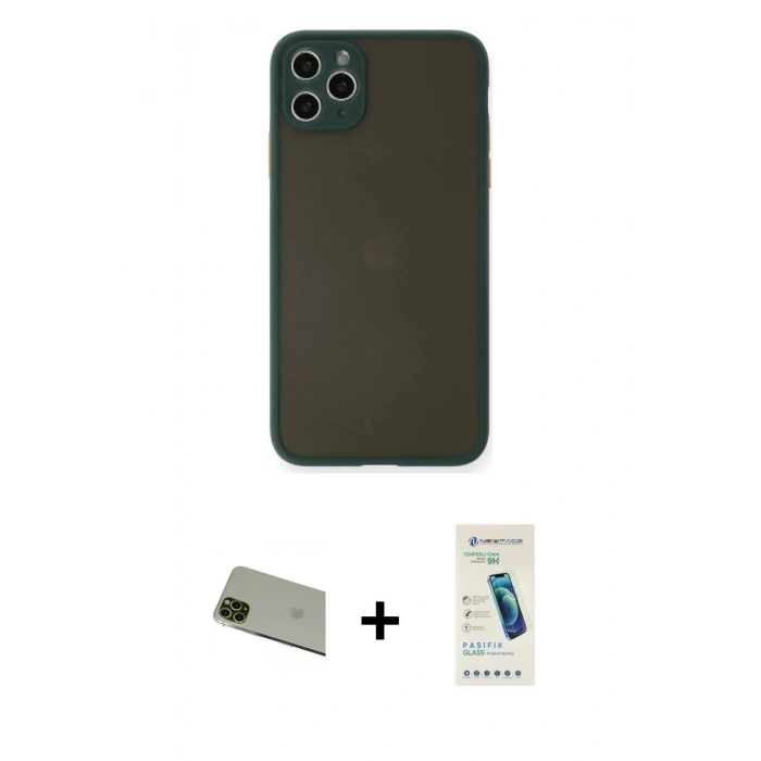 MARSİLYAN™- iPhone 11 Pro Max Kılıf Ahenk Çizgi Serisi - Şeffaf Pasifik Cam Ekran Koruyucu + Rainbow Kamera Lens Koruma Cam - YL