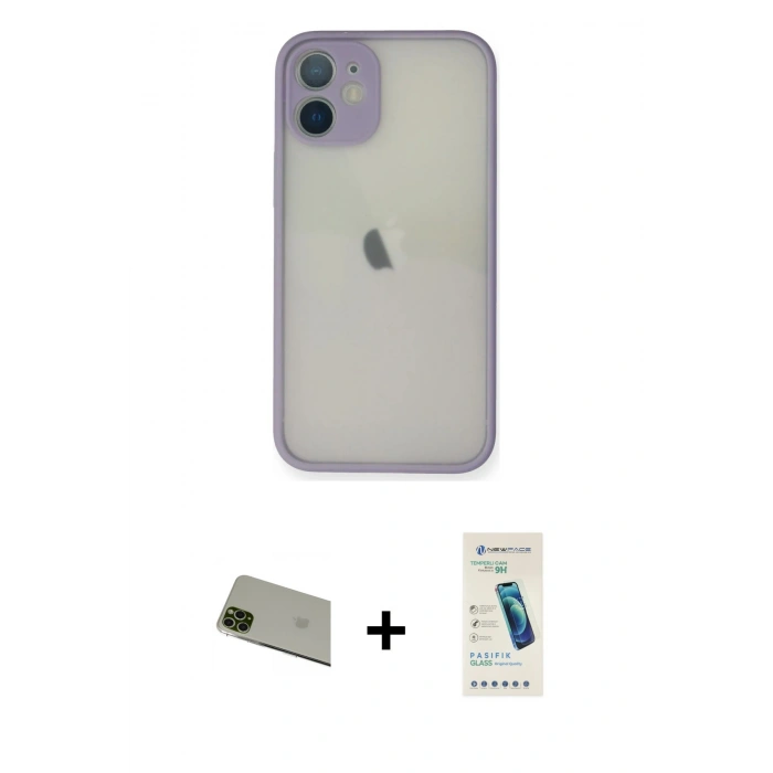 MARSİLYAN™- iPhone 11 Pro Max Kılıf Ahenk Çizgi Serisi - Şeffaf Pasifik Cam Ekran Koruyucu + Rainbow Kamera Lens Koruma Cam - YL