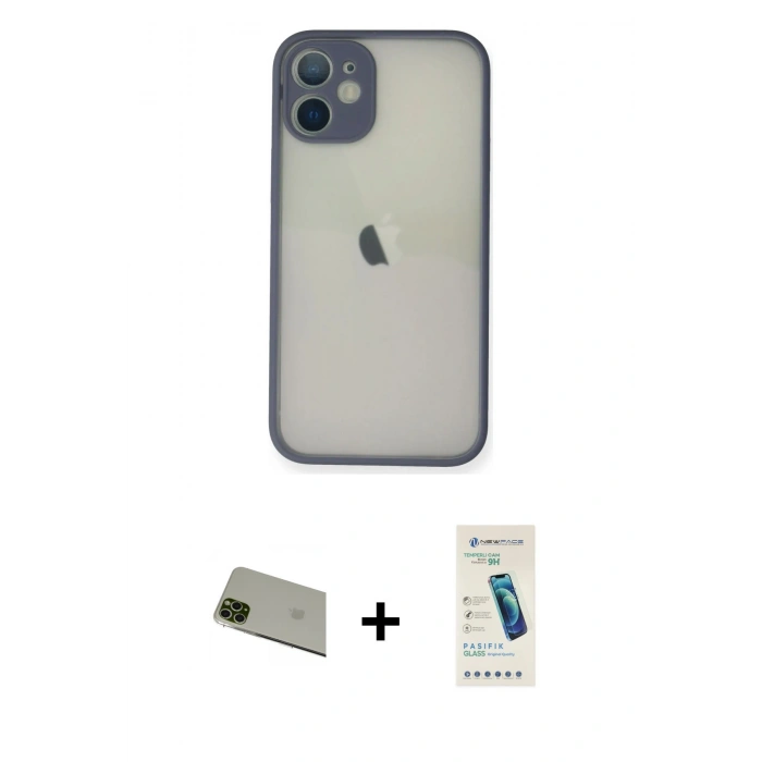 MARSİLYAN™- iPhone 11 Pro Max Kılıf Ahenk Çizgi Serisi - Şeffaf Pasifik Cam Ekran Koruyucu + Rainbow Kamera Lens Koruma Cam - YL