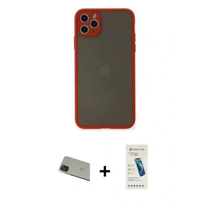 MARSİLYAN™- iPhone 11 Pro Max Kılıf Ahenk Çizgi Serisi - Şeffaf Pasifik Cam Ekran Koruyucu + Rainbow Kamera Lens Koruma Cam - YL
