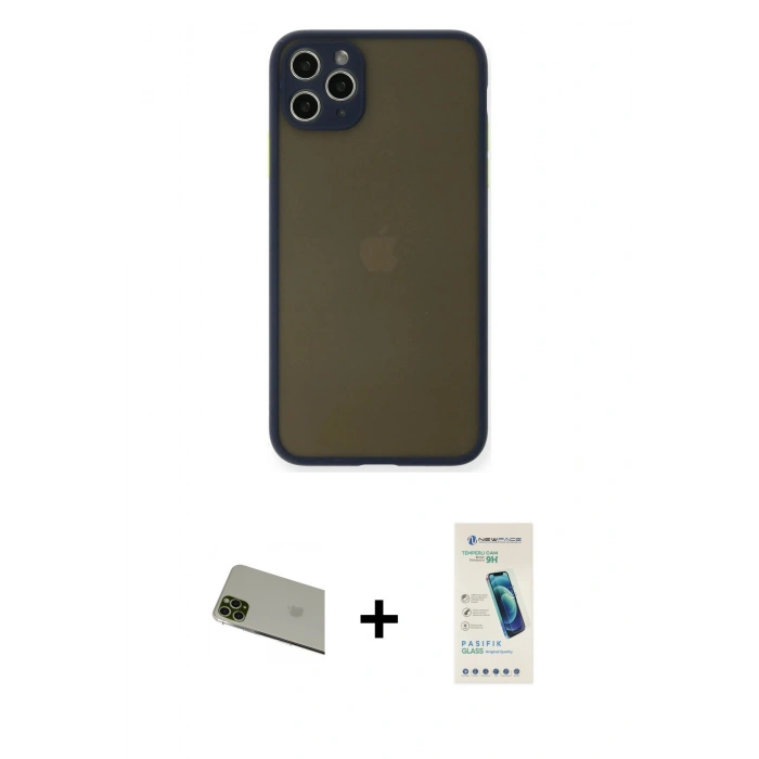 MARSİLYAN™- iPhone 11 Pro Max Kılıf Ahenk Çizgi Serisi - Şeffaf Pasifik Cam Ekran Koruyucu + Rainbow Kamera Lens Koruma Cam - YL