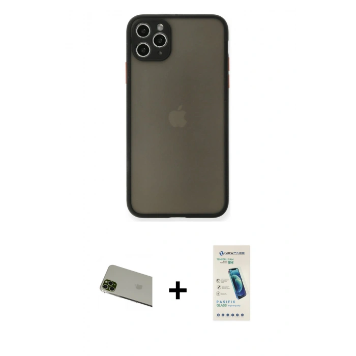 MARSİLYAN™- iPhone 11 Pro Max Kılıf Ahenk Çizgi Serisi - Şeffaf Pasifik Cam Ekran Koruyucu + Rainbow Kamera Lens Koruma Cam - YL