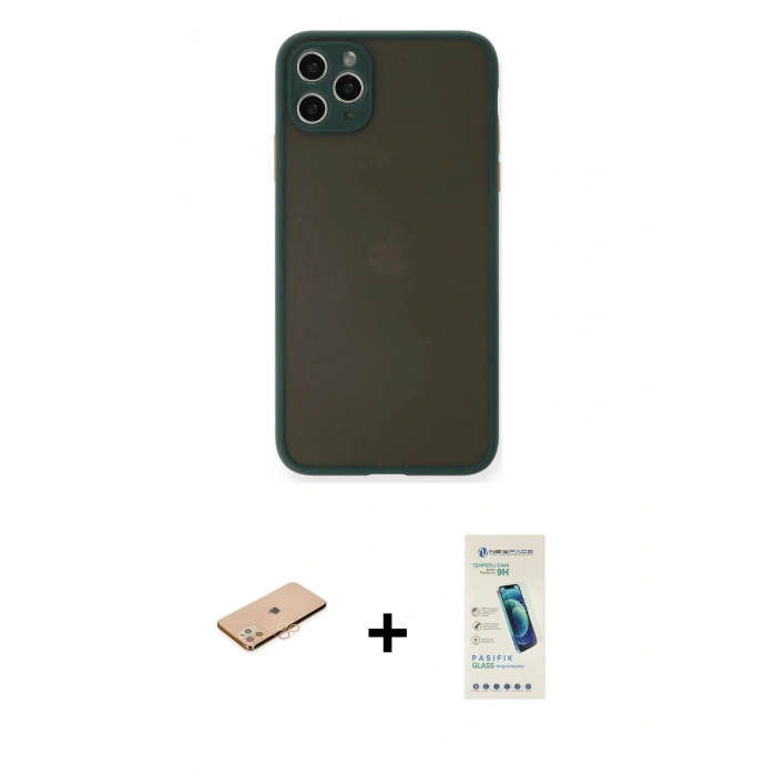 MARSİLYAN™- iPhone 11 Pro Max Kılıf Ahenk Çizgi Serisi - Şeffaf Pasifik Cam Ekran Koruyucu + Renkli Kamera Lens Koruma Cam - TU
