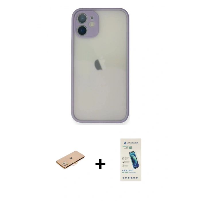 MARSİLYAN™- iPhone 11 Pro Max Kılıf Ahenk Çizgi Serisi - Şeffaf Pasifik Cam Ekran Koruyucu + Renkli Kamera Lens Koruma Cam - TU