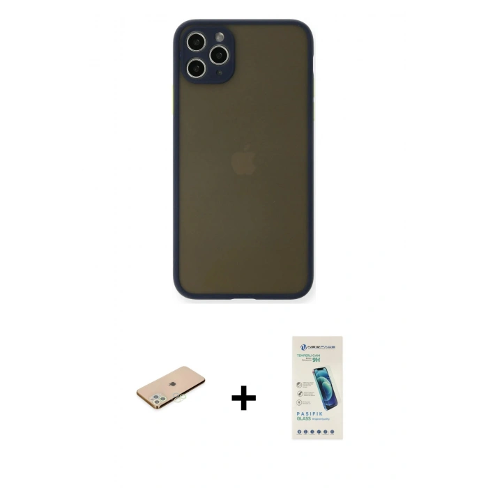 MARSİLYAN™- iPhone 11 Pro Max Kılıf Ahenk Çizgi Serisi - Şeffaf Pasifik Cam Ekran Koruyucu + Renkli Kamera Lens Koruma Cam - YL