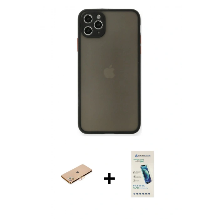 MARSİLYAN™- iPhone 11 Pro Max Kılıf Ahenk Çizgi Serisi - Şeffaf Pasifik Cam Ekran Koruyucu + Renkli Kamera Lens Koruma Cam - TU