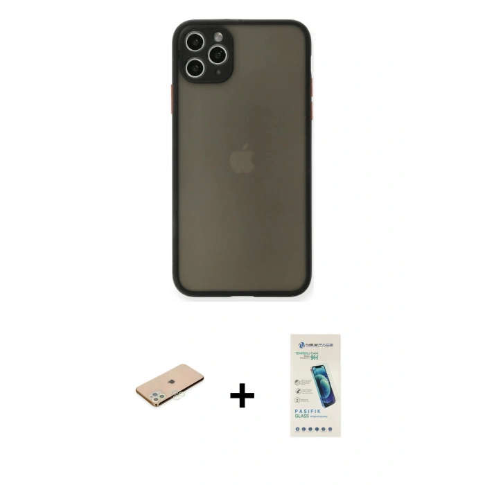 MARSİLYAN™- iPhone 11 Pro Max Kılıf Ahenk Çizgi Serisi - Şeffaf Pasifik Cam Ekran Koruyucu + Renkli Kamera Lens Koruma Cam - YL