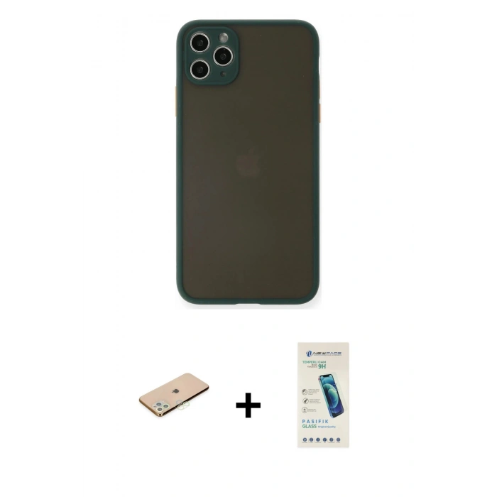MARSİLYAN™- iPhone 11 Pro Max Kılıf Ahenk Çizgi Serisi - Şeffaf Pasifik Cam Ekran Koruyucu + Renkli Kamera Lens Koruma Cam - YL