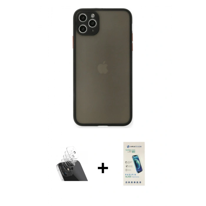 MARSİLYAN™- iPhone 11 Pro Max Kılıf Ahenk Çizgi Serisi - Şeffaf Pasifik Cam Ekran Koruyucu + Kamera Lens Koruma Cam - SF