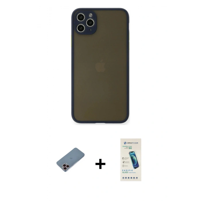 MARSİLYAN™- iPhone 11 Pro Max Kılıf Ahenk Çizgi Serisi - Şeffaf Pasifik Cam Ekran Koruyucu + Shine Kamera Lens Koruma Cam - PE