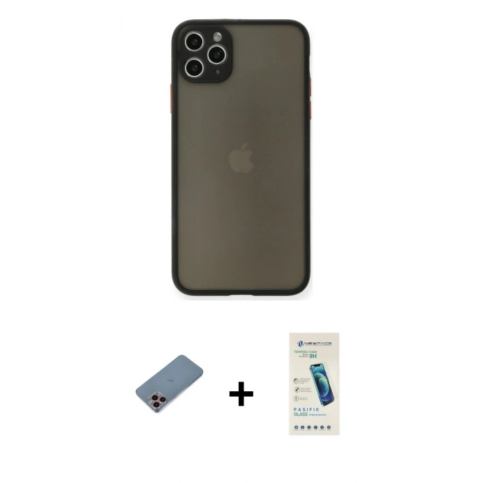 MARSİLYAN™- iPhone 11 Pro Max Kılıf Ahenk Çizgi Serisi - Şeffaf Pasifik Cam Ekran Koruyucu + Shine Kamera Lens Koruma Cam - PE