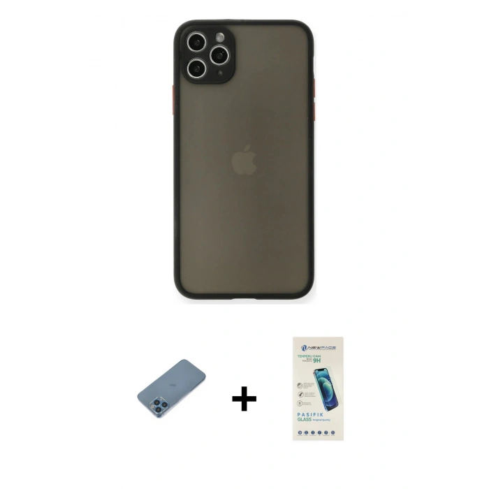 MARSİLYAN™- iPhone 11 Pro Max Kılıf Ahenk Çizgi Serisi - Şeffaf Pasifik Cam Ekran Koruyucu + Shine Kamera Lens Koruma Cam - MI